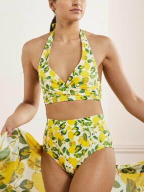 Boden Lemon Print Bikini Set | Halter Top + Bottoms | Yellow Floral Swim |